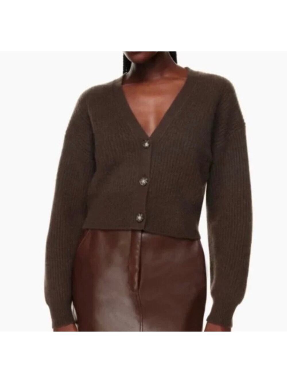 Aritzia Babaton Coffee Bean V Neck Cropped Cardigan Wool Blend Womens Size Small